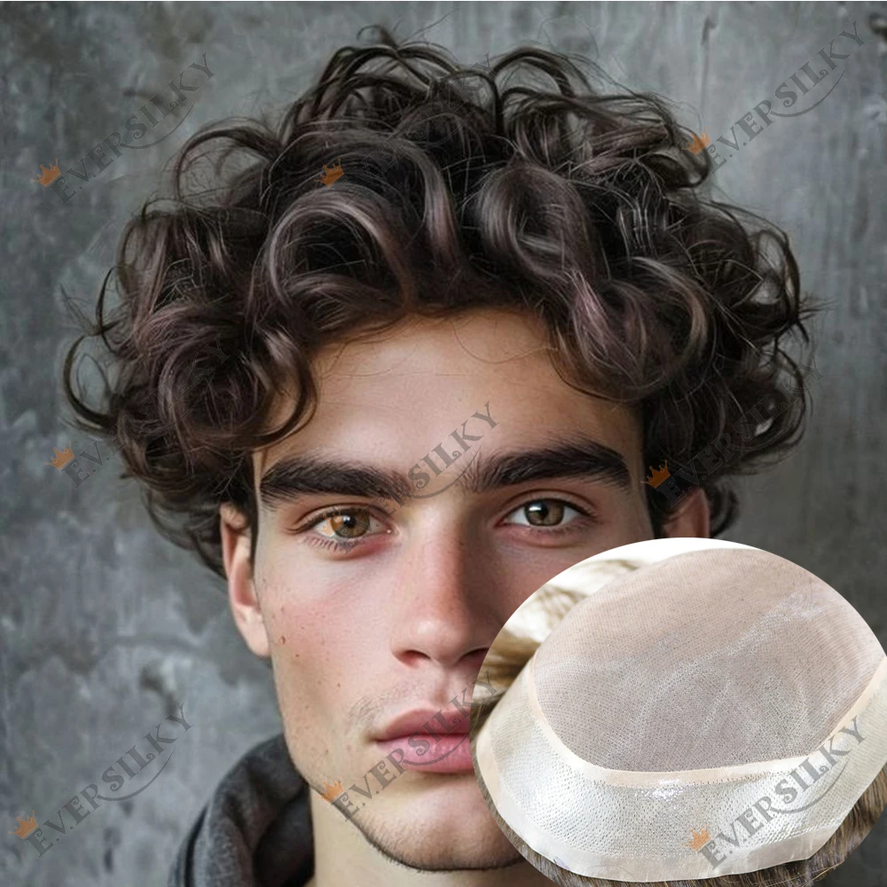 شعر مستعار للرجال 28 ملم مجعد ومتين بشبكة أحادية من الدانتيل السويسري وبو للرجال، أشقر فاتح قابل للتنفس باللون الأسود # 4 وحدة شعر بشرية صناعية #1