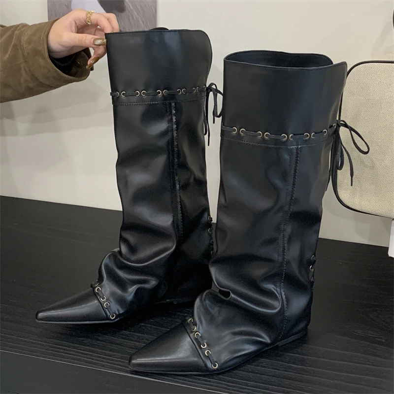 Eilyken Designer Punk Vintage Women Knee High Boots Fashion Lace-up Pointed Toe Wedges Heels Winter Shoes Botas De Mujer
