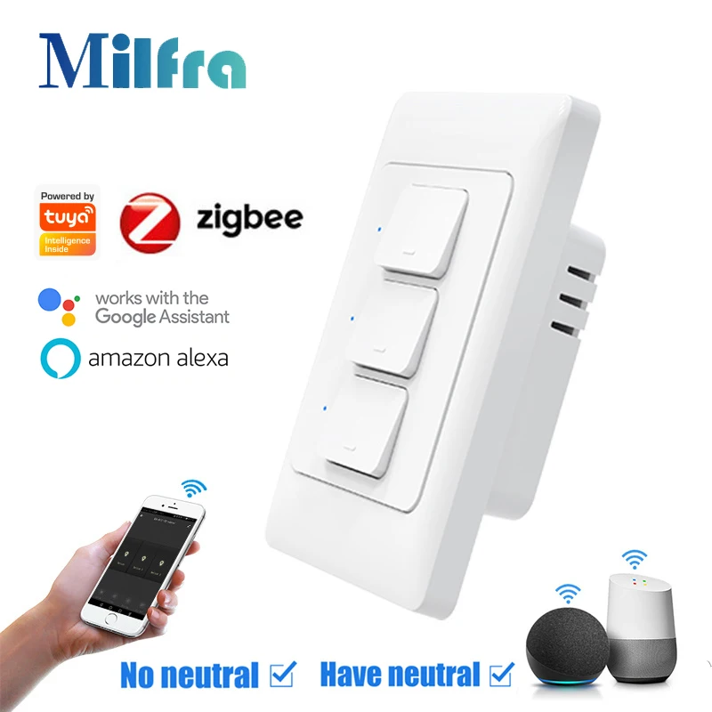 Milfra Tuya Zigbee Button Switch Physical Smart US AU Brazil Light Wall Switches 1/2/3 Gang Timer Voice Control Via Google Alexa