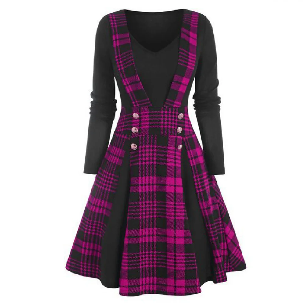 Steampunk Retro Women Dress Gothic Plaid Printed Dress V-neck Long Sleeves Vestidos Autumn Winter Fake Two-pieces Party Dress