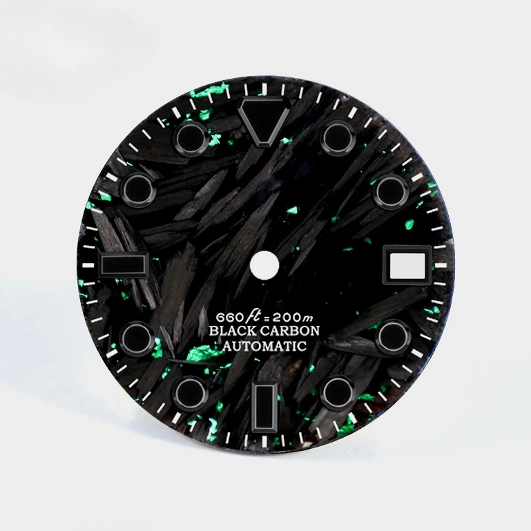 Mostrador de fibra de carbono preto de qualidade preto Lume NH35/NH36 movimento 28,5 mm logotipo personalizado