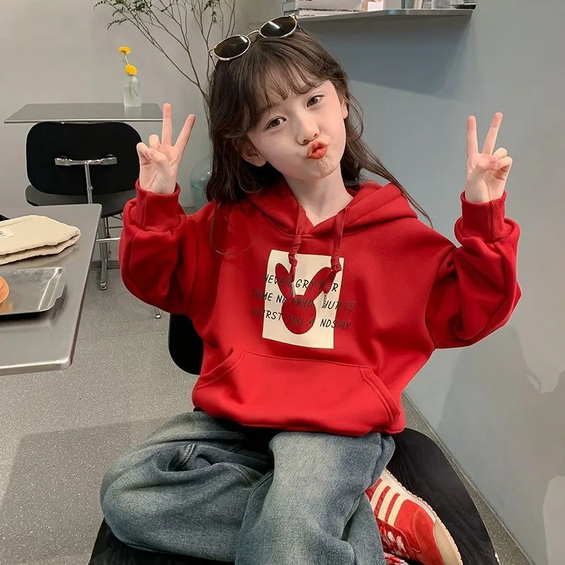 

Новинка 202, осенне-зимняя утолщенная толстовка с принтом на флисовой подкладке для девочек, детский топ среднего и большого цвета с лунным Новым годом