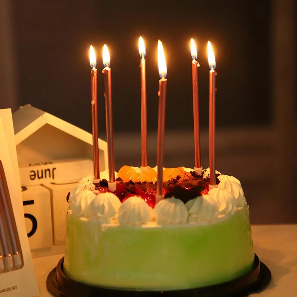 شموع كعكة طويلة ورقيقة، شموع عيد ميلاد معدنية، شموع رفيعة طويلة في حاملات كعكة عيد الميلاد وحفلات الزفاف الملونة #5