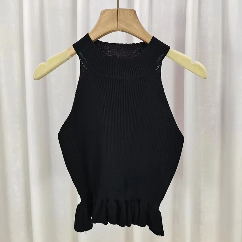 Tops femininos de malha de pescoço simulado com babados, tanques sem nervuras sem mangas, camis babado, roupa Y2K, verão, 2021