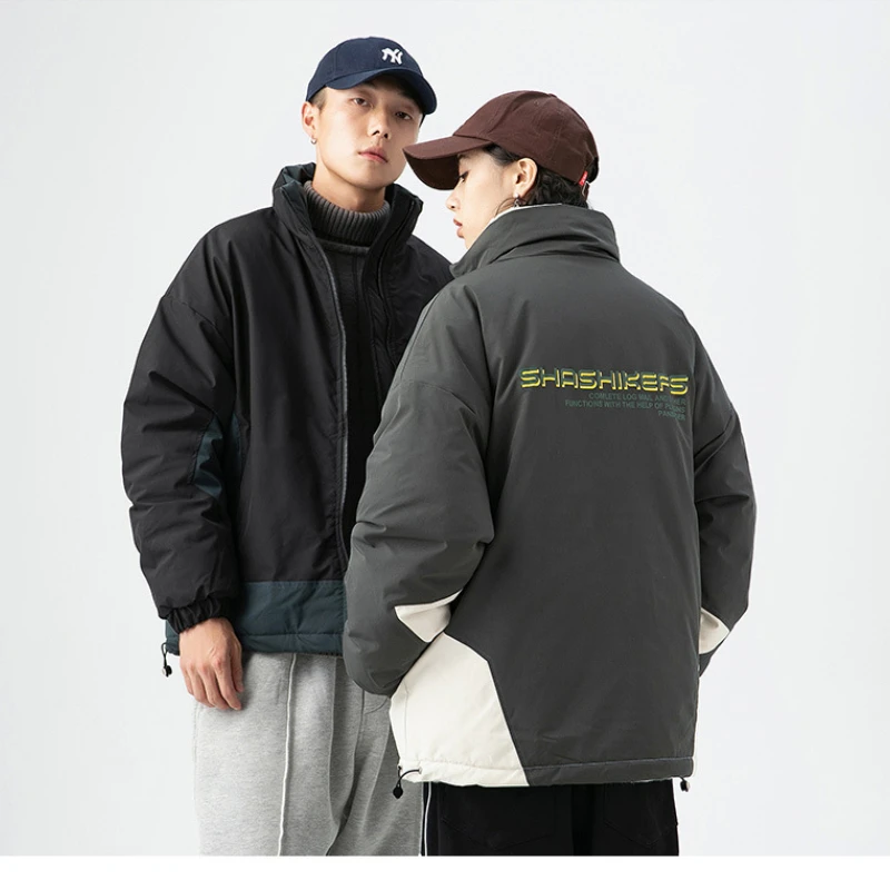 Harajuku Men's Cotton Parkas Color Blocking Loose Fashion Couple Coat Winter  Warm Jacket Sobretudo Masculino Plus Size