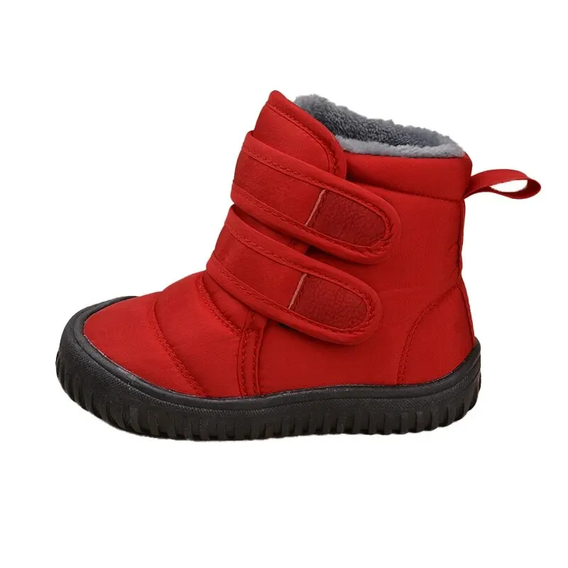 New Year Little Kids Light Red Double Fasteners Outdoor Waterproof Non-Slip Short Boots Toddlers Plush Warm Winter Shoes EW8090