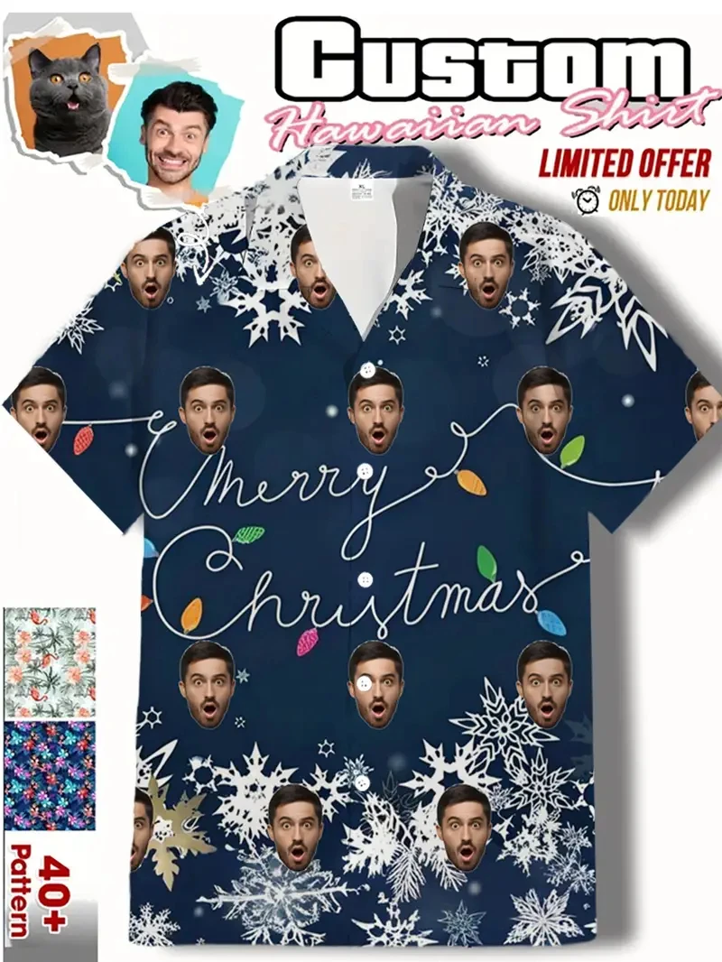 Funny Custom Face Design Christmas Hat Shirts Funny Holiday Mens Shirts Casual Button Down Xmas Shirts Y2k Unisex Blouses Tops