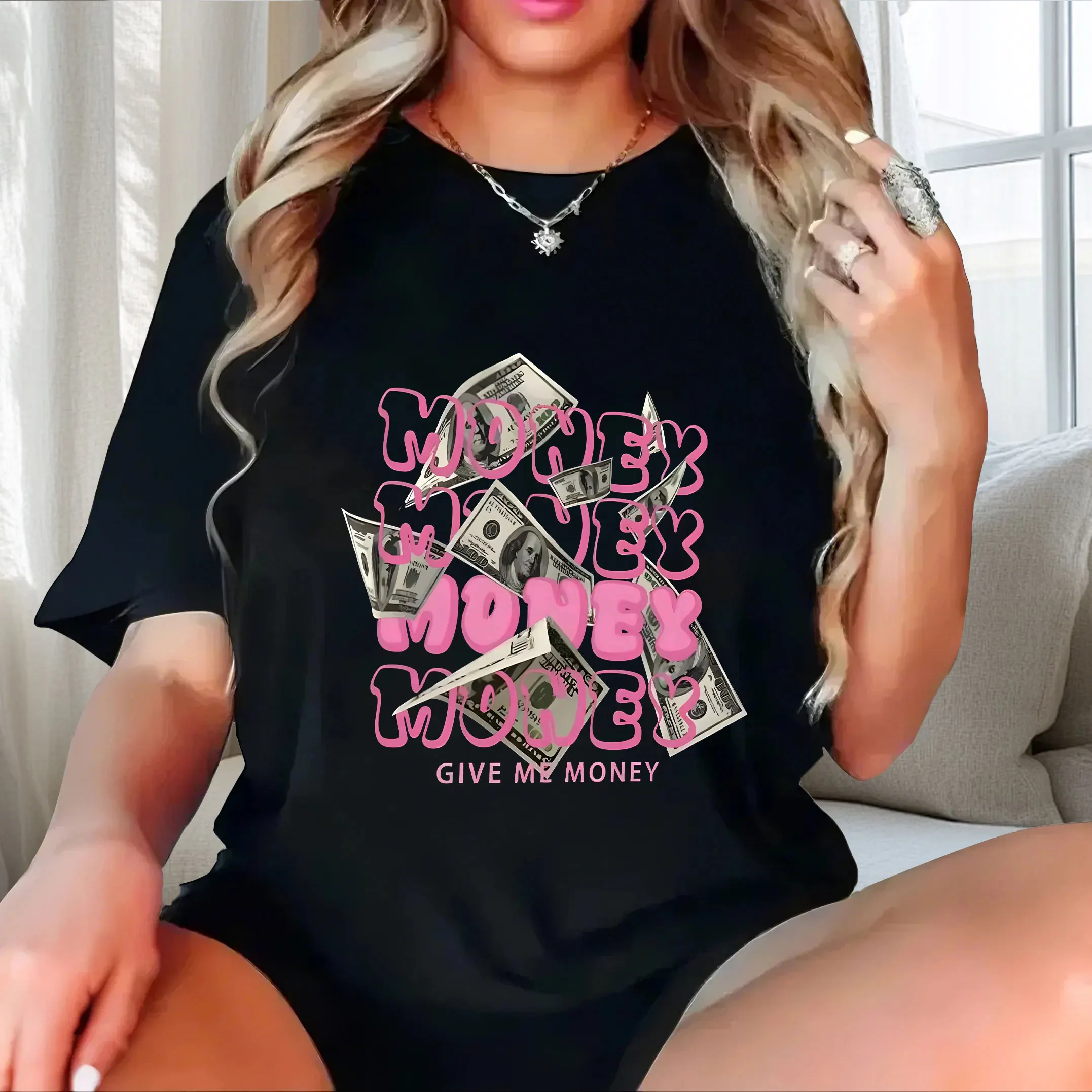 

USD element+English pattern plus size Ladies' casual short sleeved T-shirt black