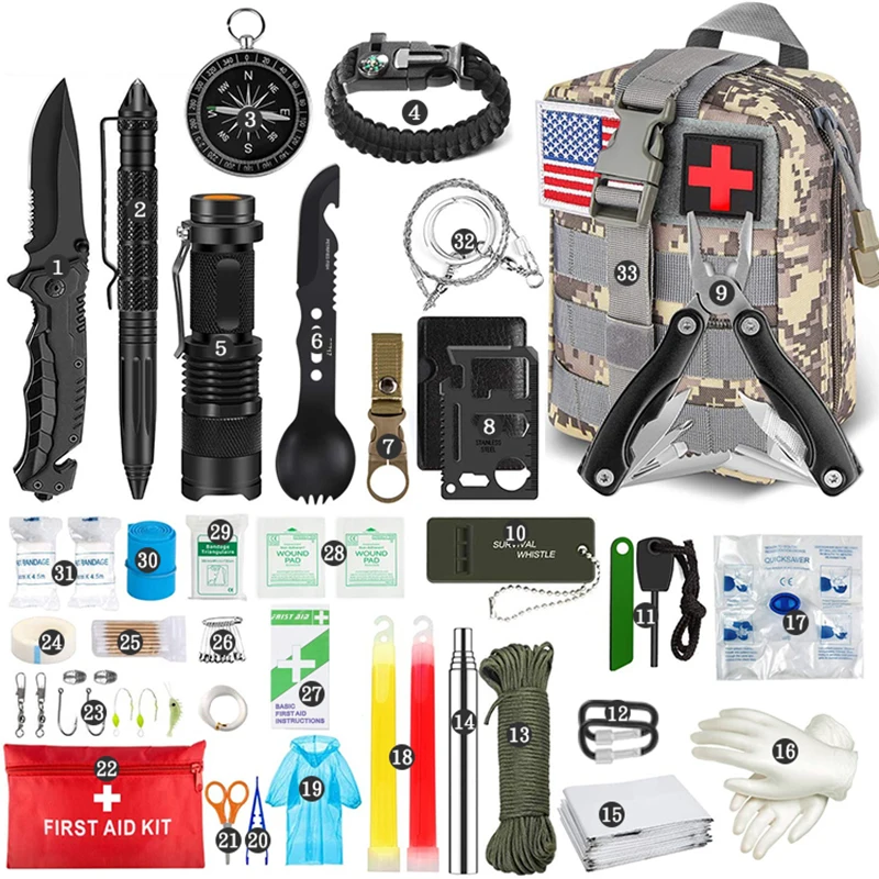 Emergency Survival Kit and First Aid Kit, Professional Survival Gear Tool with Tactical Molle Pouch and Emergency Tent