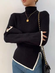 Zik Turtleneck Side Slit Pullover Contrasting Colors Autumn Winter Women Style Top Self-cultivation Sweater Pagoda Sleeve Slim