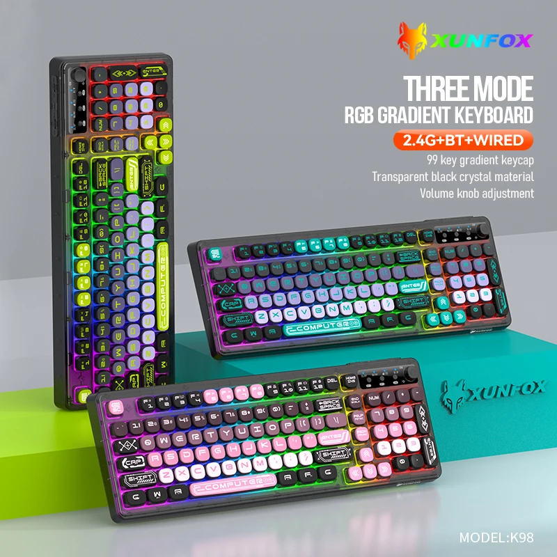 Xunsvfox k98 bluetooth sem fio de três modos gradiente teclado e-sports jogo rgb transparente escudo de cristal preto com botão de volume