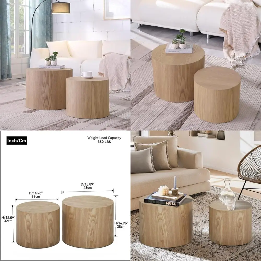 زوج من طاولات القهوة المستديرة وطاولات التعشيش الخشبية ومجموعة طاولات جانبية دائرية صغيرة لمساحات المعيشة والمكاتب