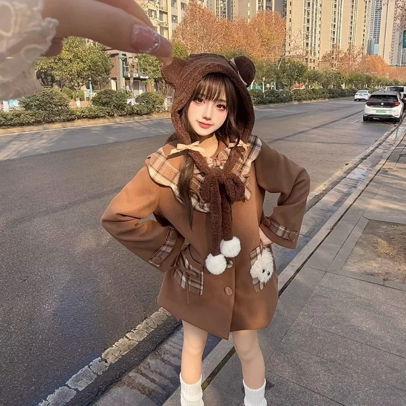 Beauté café chiot, automne et hiver atmosphère coréenne Plaid à manches longues manteau en laine femmes japonais café noeud manteau