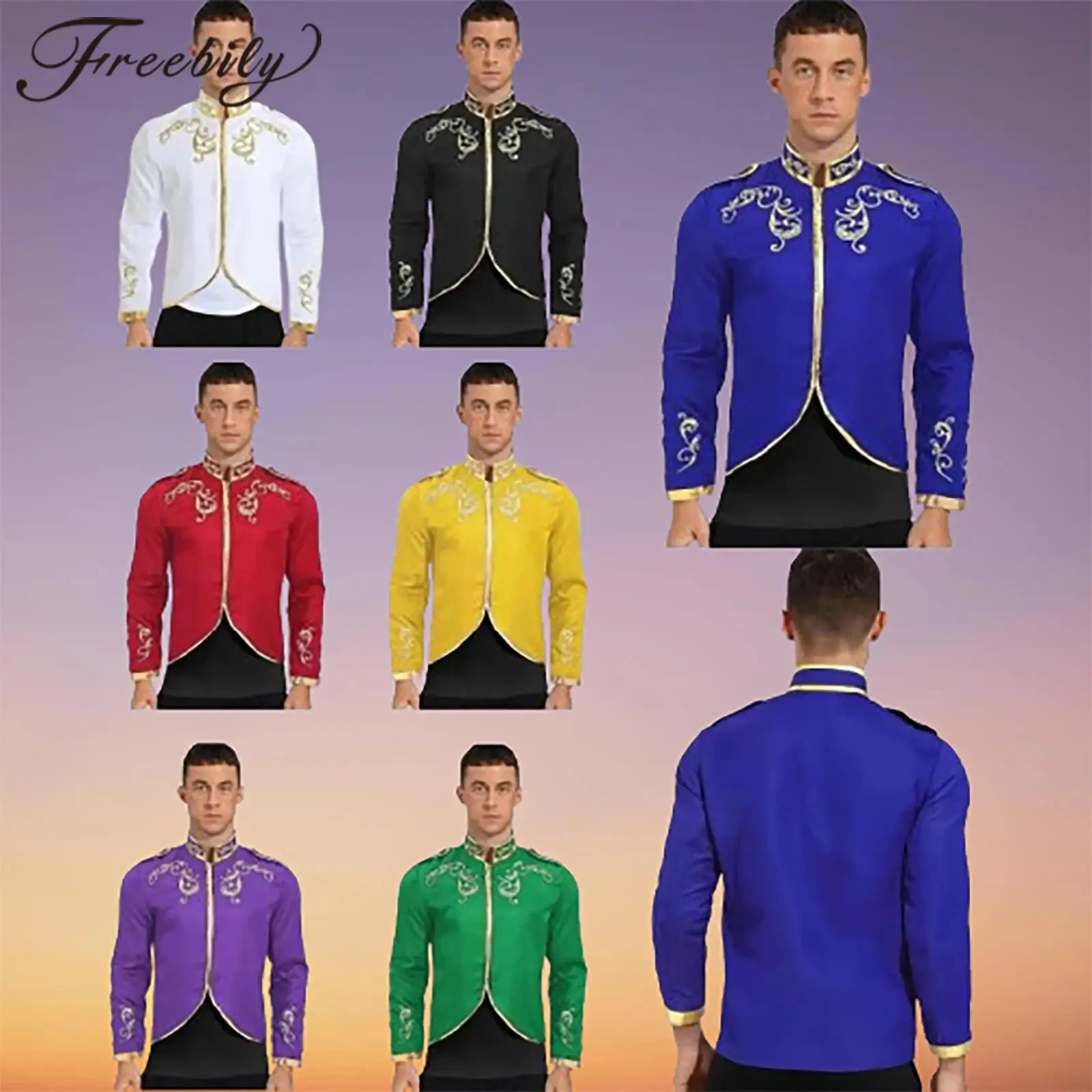 

Men roleplay Renaissance Royal Palace Prince Shirt Medieval Vintage Costume Victorian Tops Adults Gold Embroidered Zipper Coat