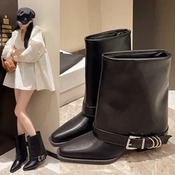 New Style Brand Genuine Leather Punk Style Western Cowboy Boot Women Chunky Heel Square Toe Belt Buckle Ankle Boot Zapatos Mujer