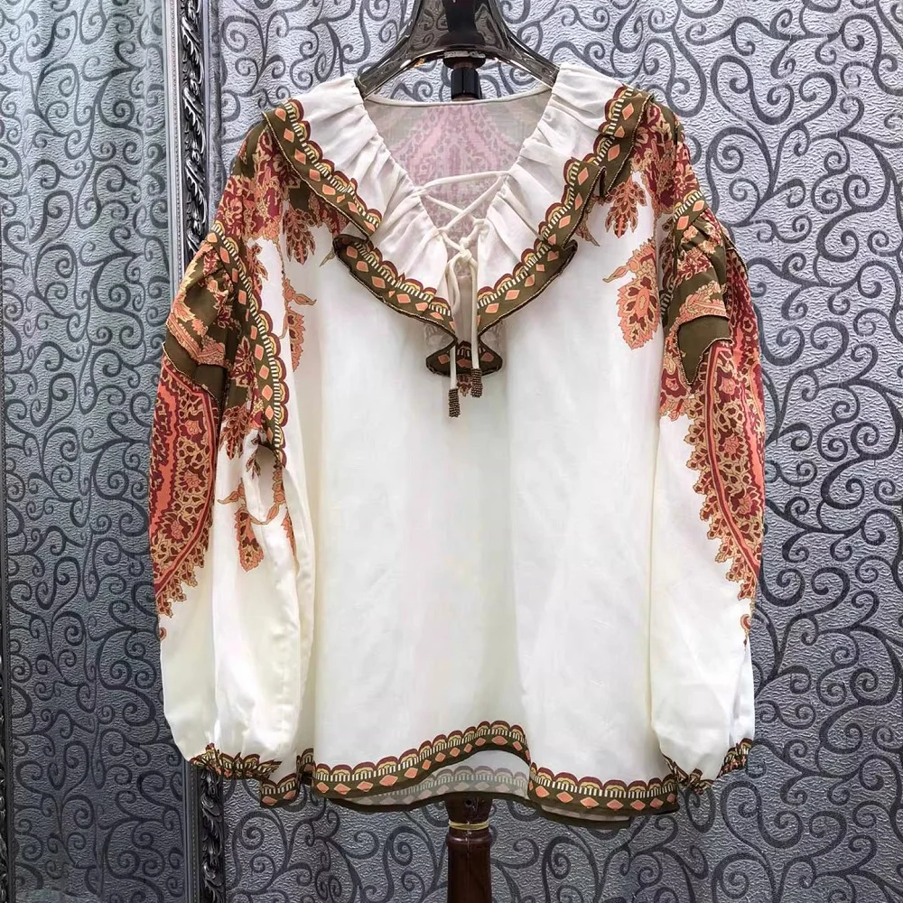 

High Quality New Linen Blouse 2026 Spring Style Women V-Neck Sexy Cross String Long Sleeve Casual Vintage Loose Tops Blouse