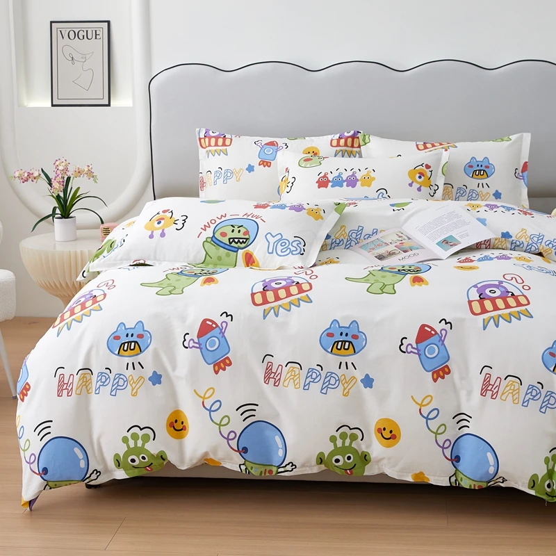 Cartoon Monster Cotton Duvet Cover Set Teens Cute Dinosaur Rocket Comforter Covers Breathable Bedding Decor with 2 Pillowcase