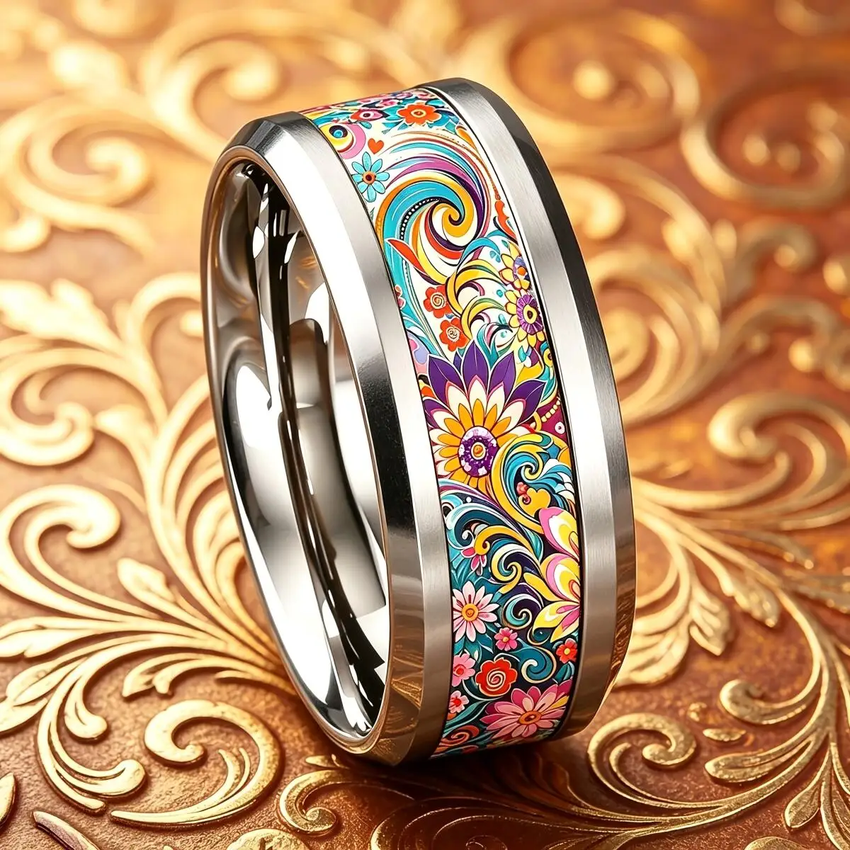 Bohemian Female Colorful Mandala Floral Ring Charm Stainless Steel Finger Rings For Women Men Wedding Anniversary Jewelry Gifts