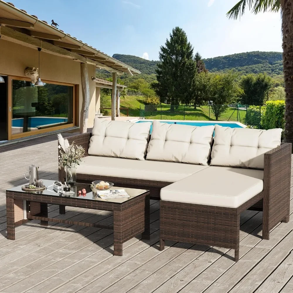 

Outdoor Patio Furniture Sets, Wicker Patio sectional Sets 3-Piece,All Weather Wicker Rattan Patio Seating Sofas with Glass Table