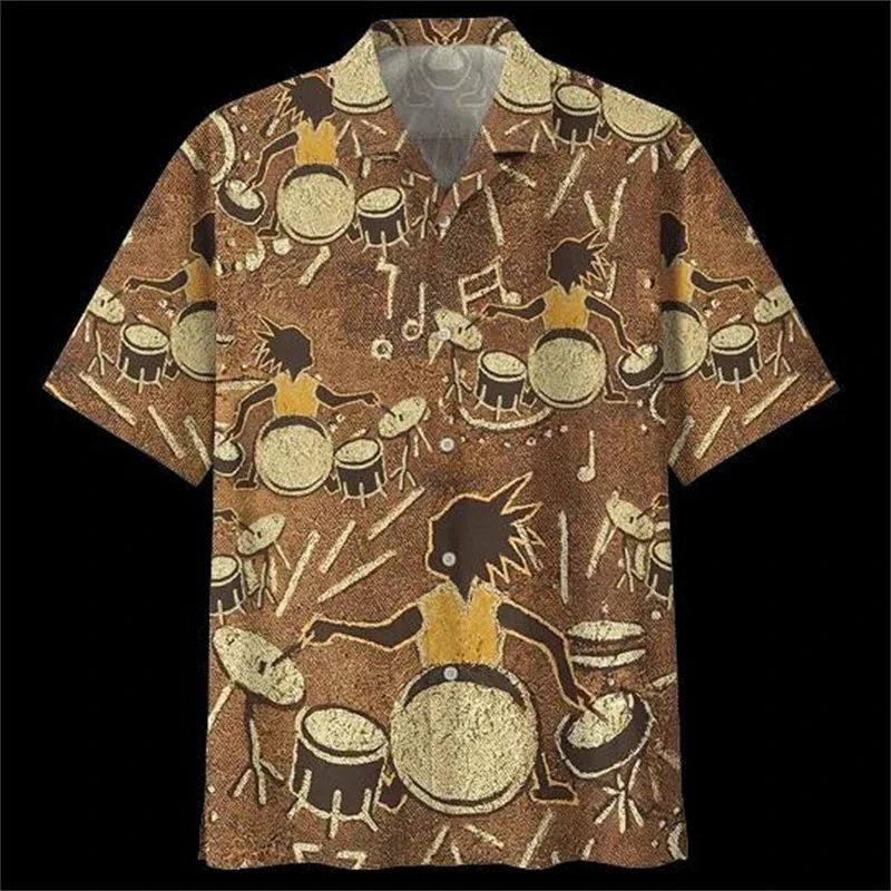 Kemeja Hawaii Motif Drum untuk Pria, Cetak 3D, Pola Drum, Kemeja Aloha Musim Panas, Atasan Lengan Pendek, Fashion Jalanan, Blus Kasual