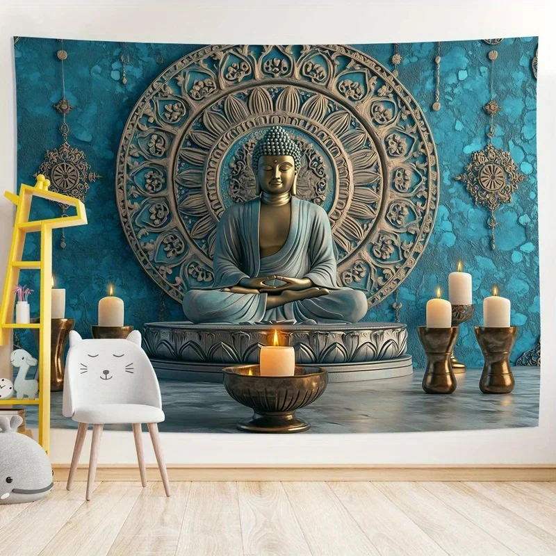 VIKAMA Meditation Buddha Wall Hanging, Vintage Blue Buddha Statue Mandala Tapestry, Lightweight Spiritual Indoor Wall Decor