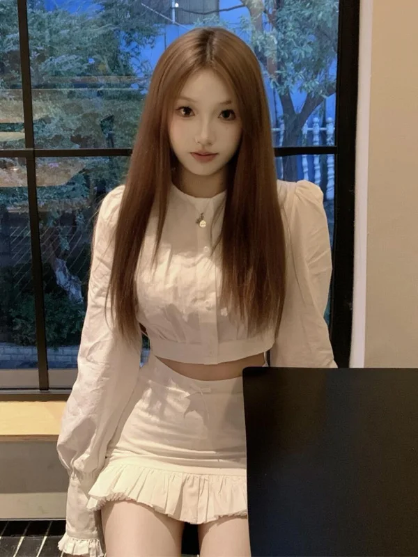 

Белая короткая женская рубашка без рукавов и комплект с юбкой до колен, модный комплект с длинными рукавами, отложным воротником, высокой талией, во французском стиле, осенний вариант