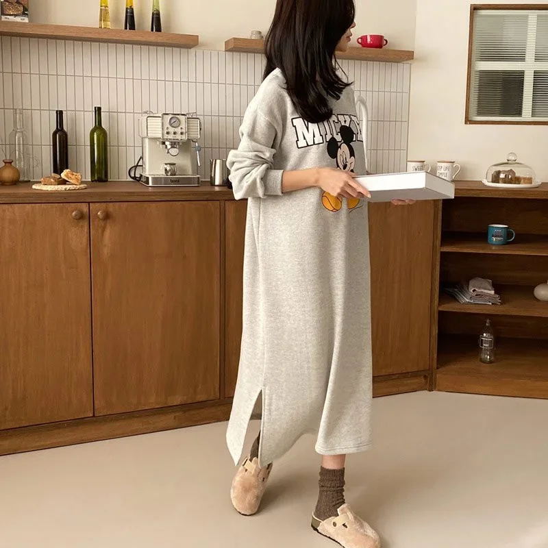 Disney Mickey Mouse Spring Autumn Sweatshirt Long-Sleeved Dress Woman Clothing Hooded Collar Pocket Casual Lady Dress Sweatshirt