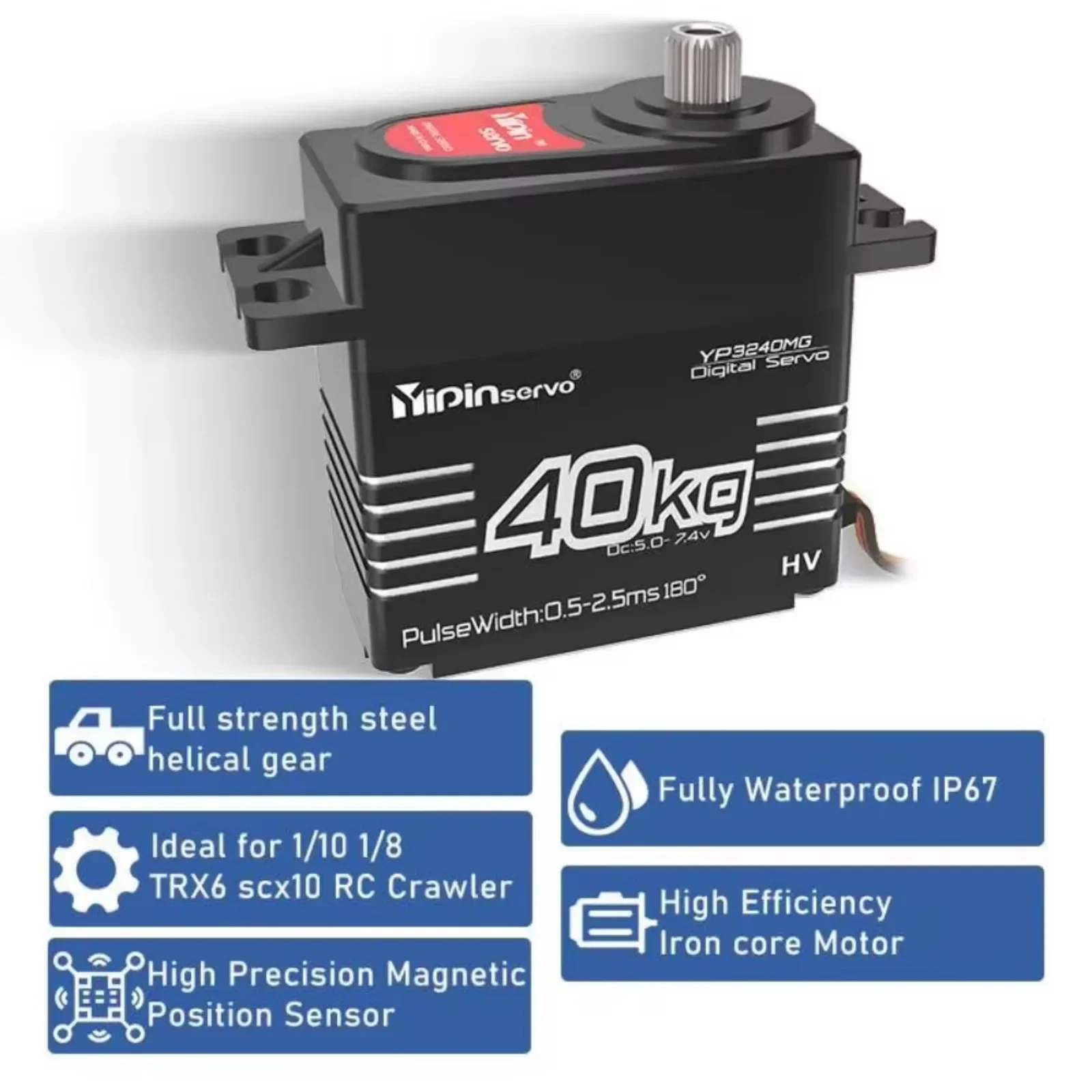 YP3240MG  40KG Digital Servo Motor 5.0-7.4V High Torque Semi-metal Ip67 for 1:8 1:10 TRX6 Scx10 RC Crawler