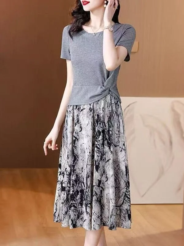 

Faionable Summer ort Sve Slimming Skirt Set Large Size Two Piece Suite Age Reducing Skirt Ensemble Cross-Border Women'...