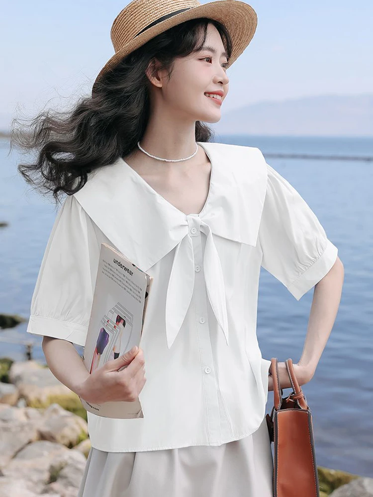 Zoki Sweet Bow Elegant Shirt Women Korean Loose Short Sleeve Blouse Casual Cute Peter Pan Collar Female Summer All Match Tops