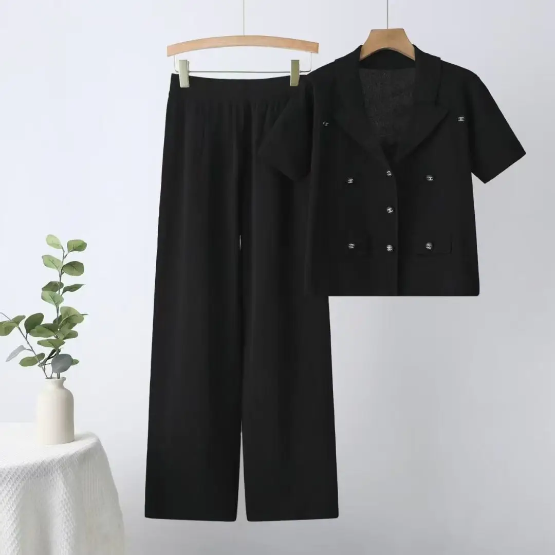 Setelan Santai Atasan Lengan Pendek Rajutan Kerah V Baru Musim Semi dan Musim Panas Wanita, Celana Kaki Lebar Pinggang Tinggi Set Dua Potong