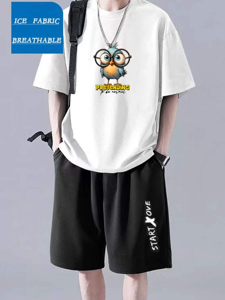 

Men's Short-sleeved T-shirt 2025 New Summer Casual Fashion Brand Suit + Fashionable Cute Owl Printed Shorts Two-piece Set