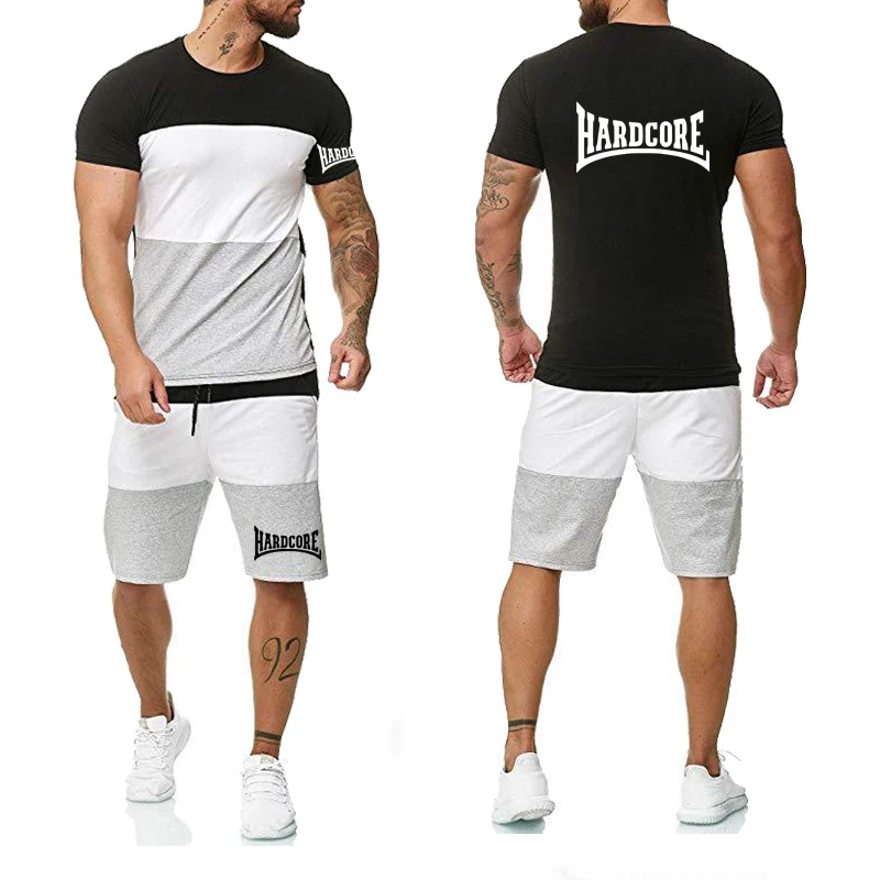 Mens Short Sleeve Hardcore Ma1 Bomber Print Summer Mens T-Shirt Harajuku Colorblock High Quality Cotton Men T-shirt+pants suit