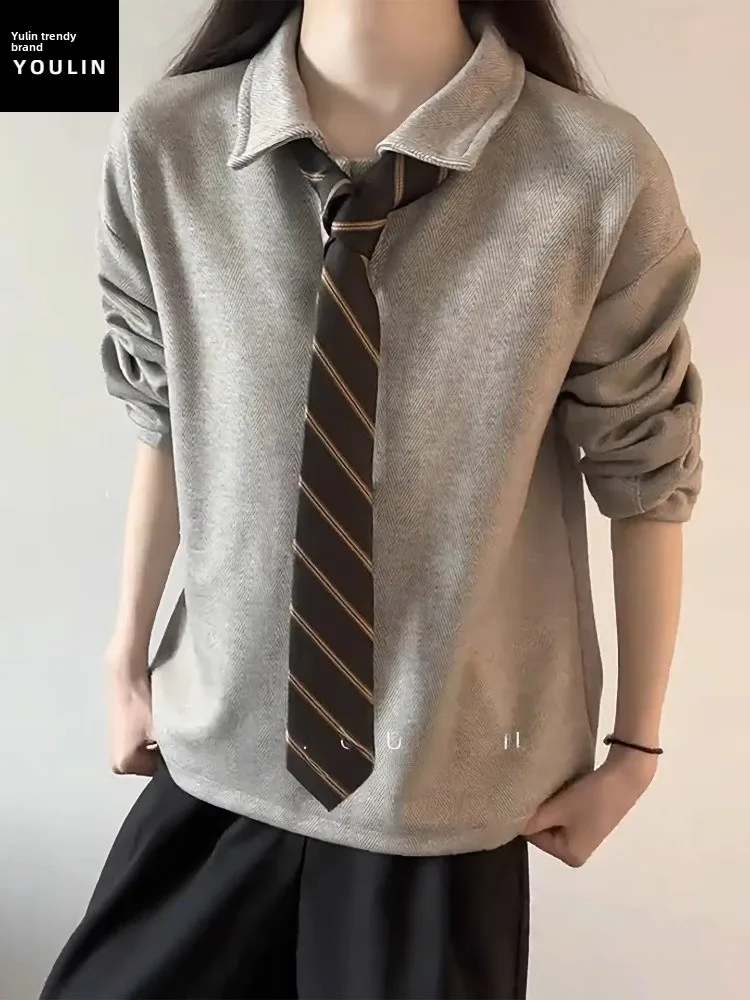 

Men's Woolen Sweater irt with Tie Long Sve Turn-down Collar Comfortable Cotton Polyester Autumn Spring Faion