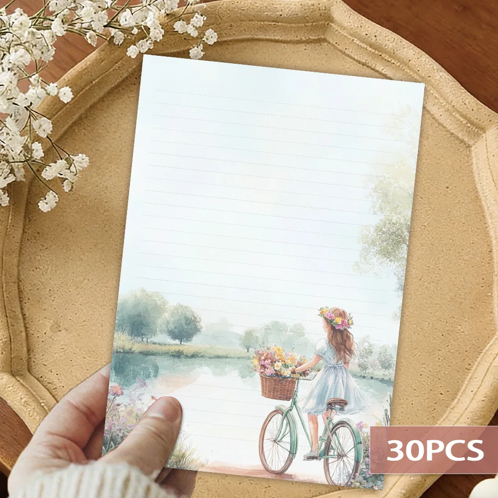 30 Sheets Of Women's Cycling-themed Writing Paper, Lined, Glue-free, Perfect For Notebooks, Memos, And Stickers