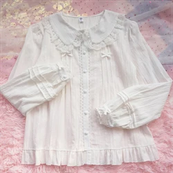 Vintage Lolita Shirts blouses for Women Tops Japanese Style Kawaii Ruffles Blusas Mujer Solid Bow Elegant Short Camisas