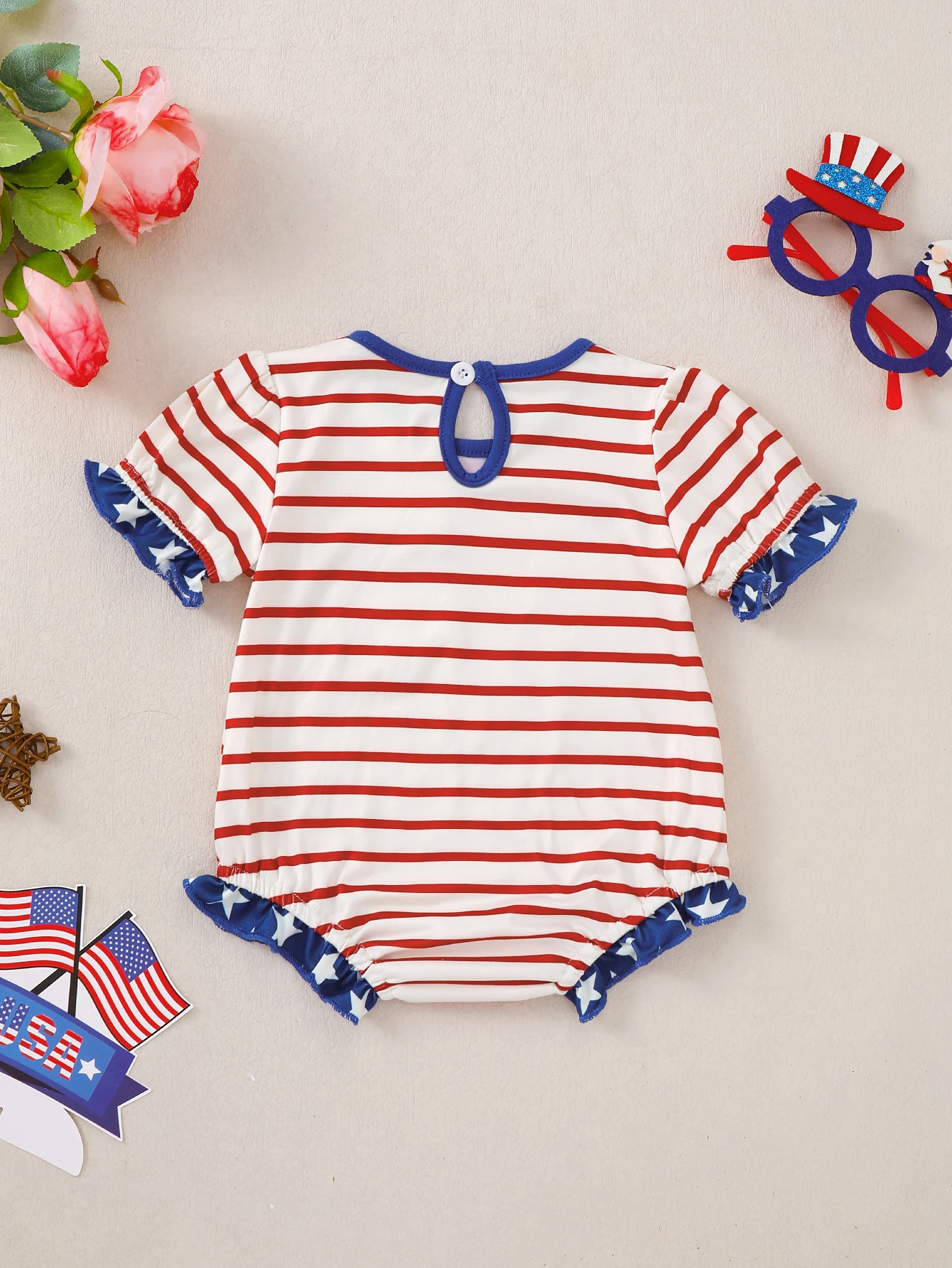 Baby Girl Summer Striped Pattern Romper Triangle Top with Wood Grain Lace for Infants And Toddlers