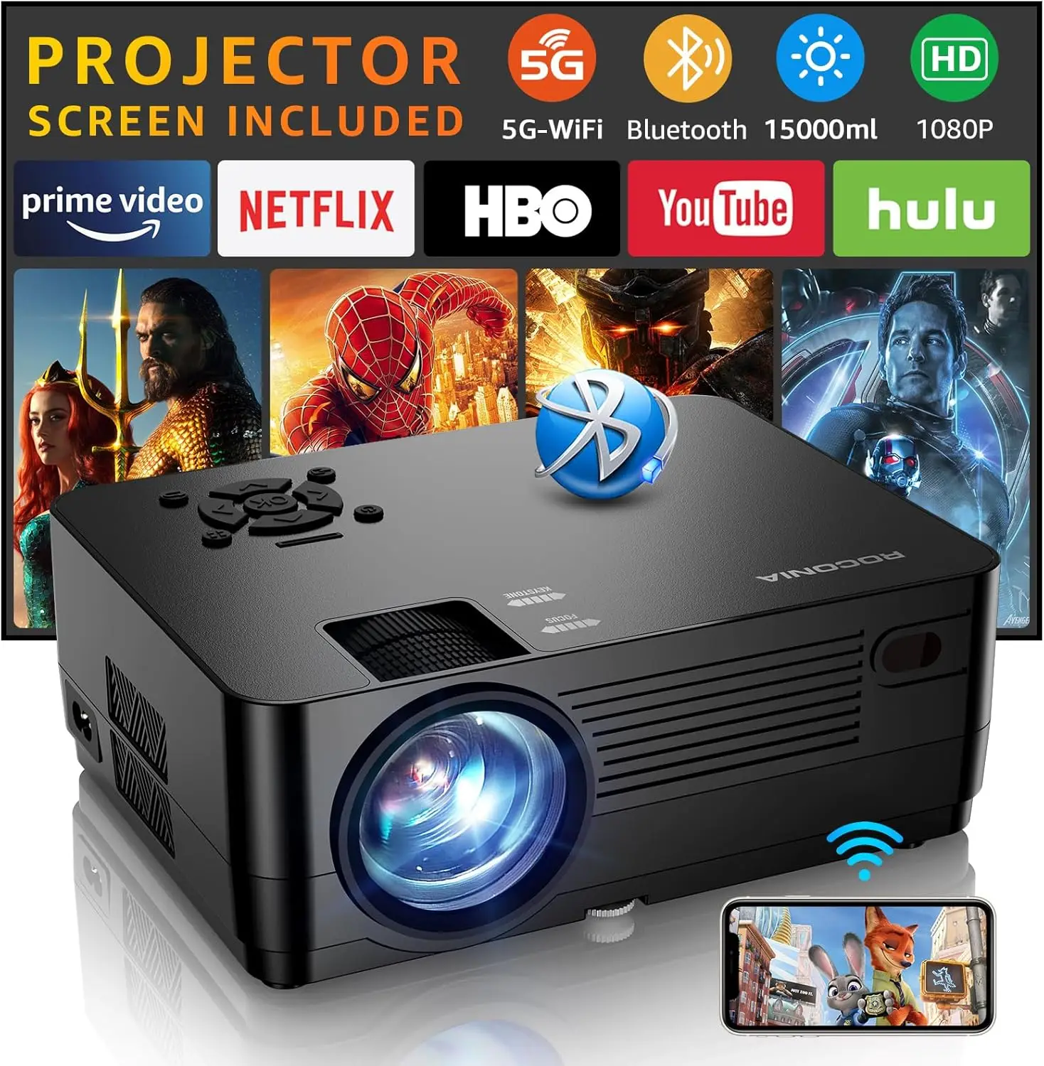 

Native 1080P Projector with 5G WiFi and Bluetooth, 18000LM Home Theater Projector for Movies and Games, 100" Display, Compatible