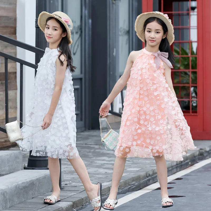 

Girls Dress Summer New Korean Style Medium and Big Children Halter Off-the-Shoulder Three-Dimensional Embroidered Mesh Skirt Gen