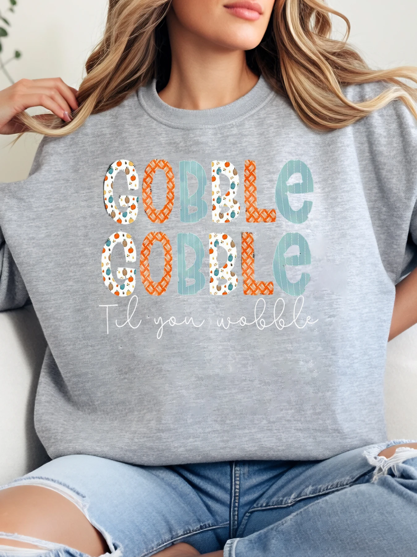 

Gobble Gobble Til You Wobble Толстовка с принтом на День Благодарения Женская повседневная осенняя праздничная одежда серого цвета больших размеров