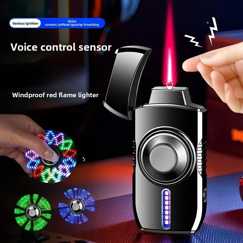 Cool Light Color Fingertip Gyroscope Voice Control Ignition Windproof Red Flame Butane Gas Lighter Fun Electric Lighter Rolling