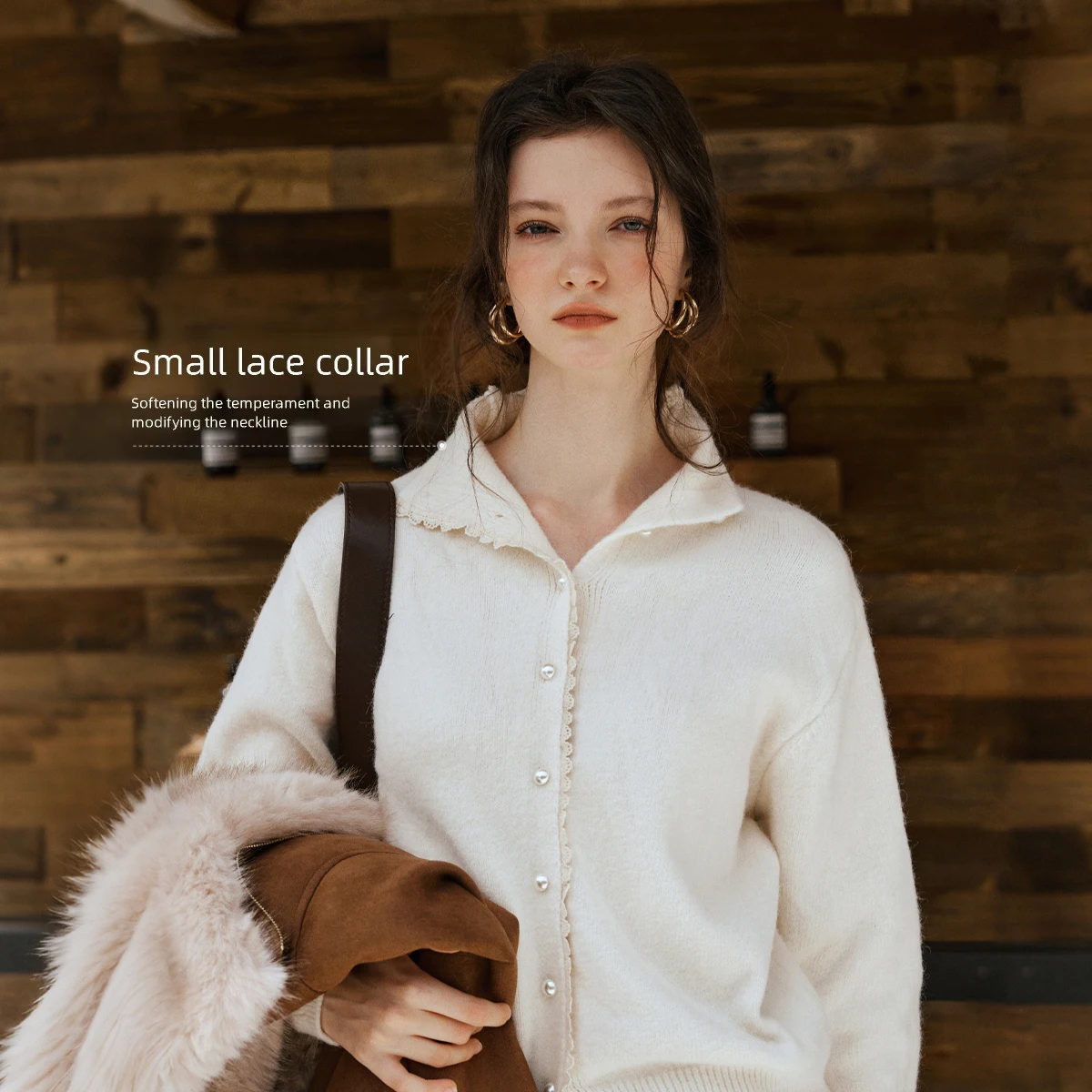 OLrain lapel knitted cardigan women's 2026 autumn and winter new French simple beige small lace thick sweater O58DZ003630