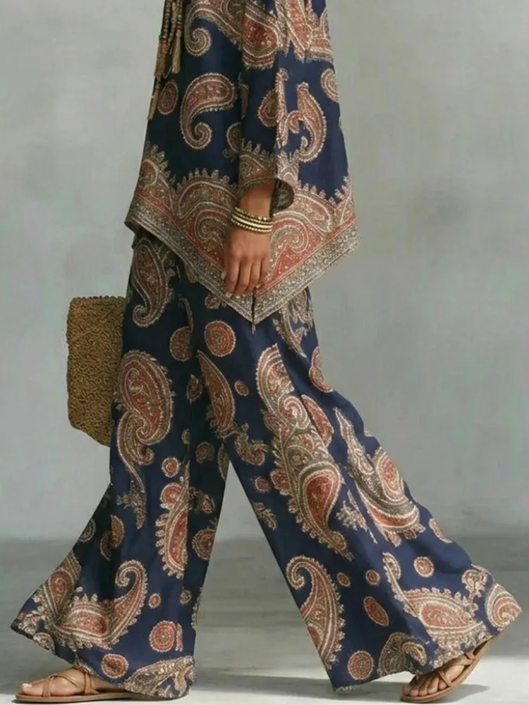 Yeezzi Damen-Hose im Boho-Stil mit Paisley-Print, weites Bein, passende Hose, Vintage-Stil, Marineblau, hohe Taille, lockere, ethnische Palazzo-Hose für den Urlaub – Detail 5
