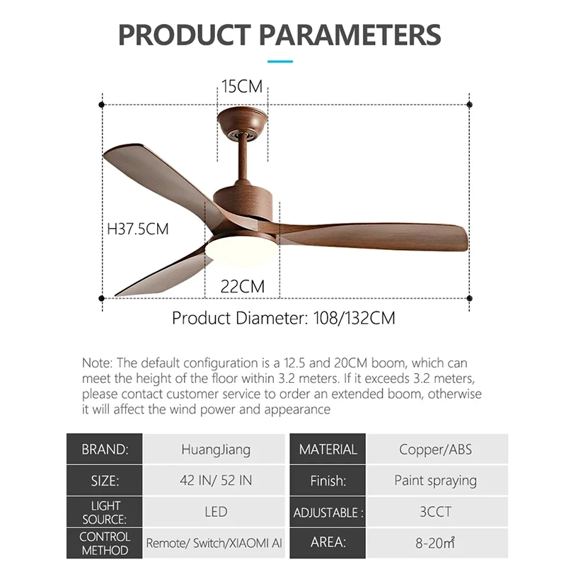 36/42/52 Inch Restaurant Fan 3 Blade Pure Copper DC 35W Motor Ceiling Fan With 24W LED Light Support Remote Control