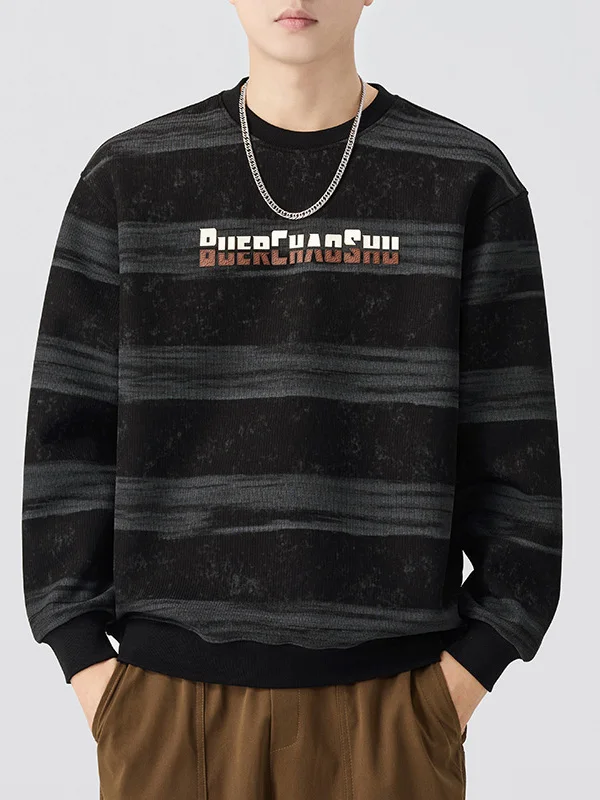 

American Sle High End Striped Color Blo Print round Ne Sweatirt Men's Loose Large Size Long Sve Trendy Top