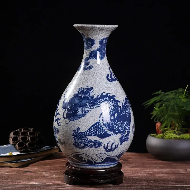 Jingdezhen Dragon Pattern Ceramic Vase Antique Official Kiln Porcelain Chinese Flower Arrangement Decorative Home Vase