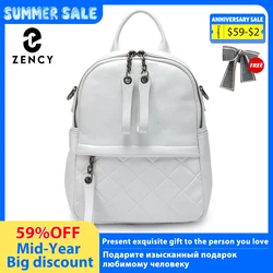 Zency 100% Genuine Leather Fashion Women Backpack Pure White Knapsack Casual Travel Bags Girls Schoolbag Wide Strap Shoulder Bag