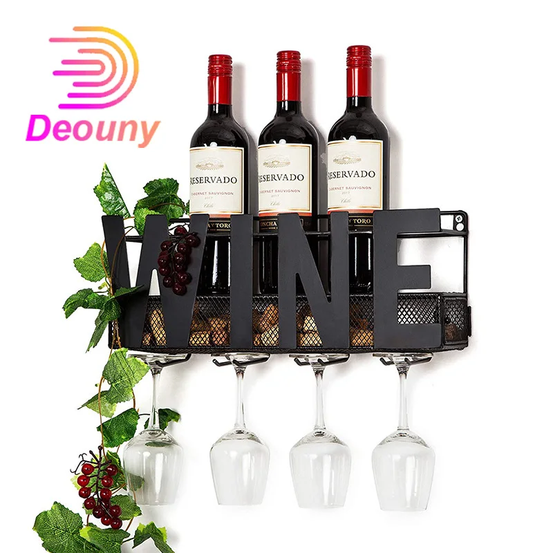 DEOUNY Wall Mounted Iron Wine Rack WINE Style Wine Bottles Holder With 4 Hooks Can Goblet Glasses For Bedroom Decoration Stand