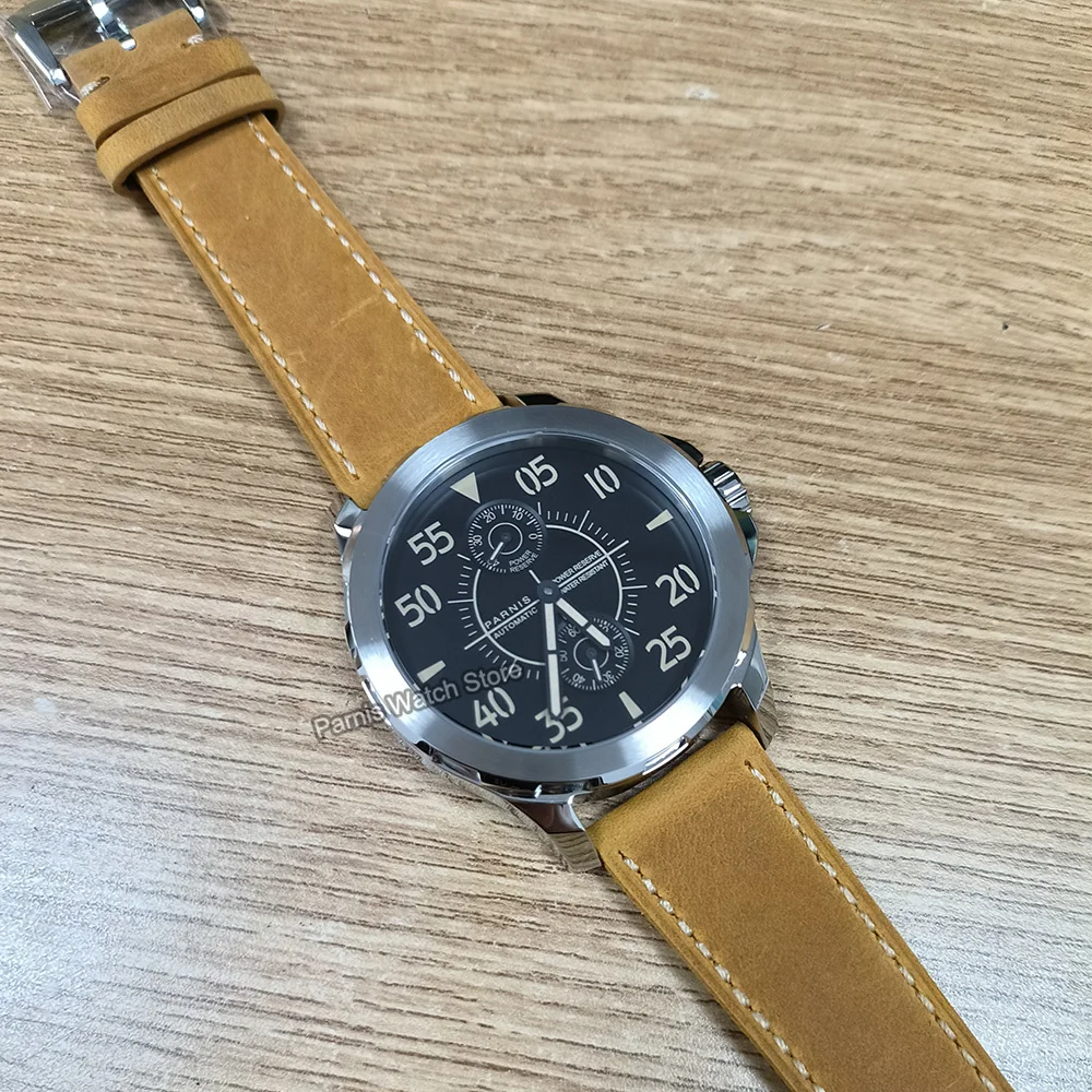 Parnis 44mm Silver Case Automatic Mechanical Men's Watch Power Reserve Leather Strap Sapphire Glass Watches for Men