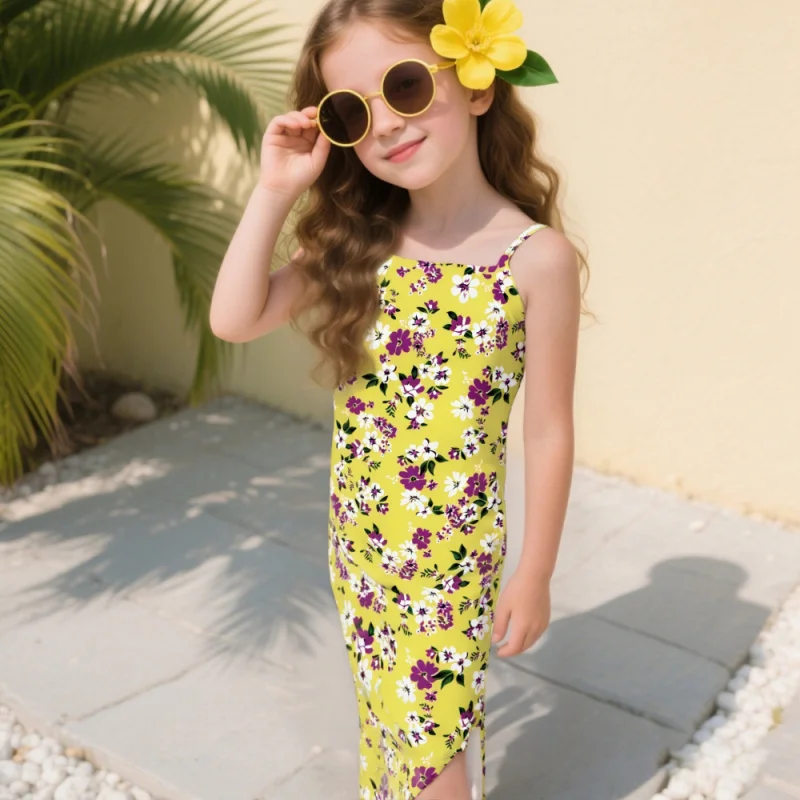 Vente chaude! Nouveau pour l'été 2025 : robe fendue à fines bretelles à motif floral bohème pour filles, idéale pour les vacances à la plage et les styles de fête